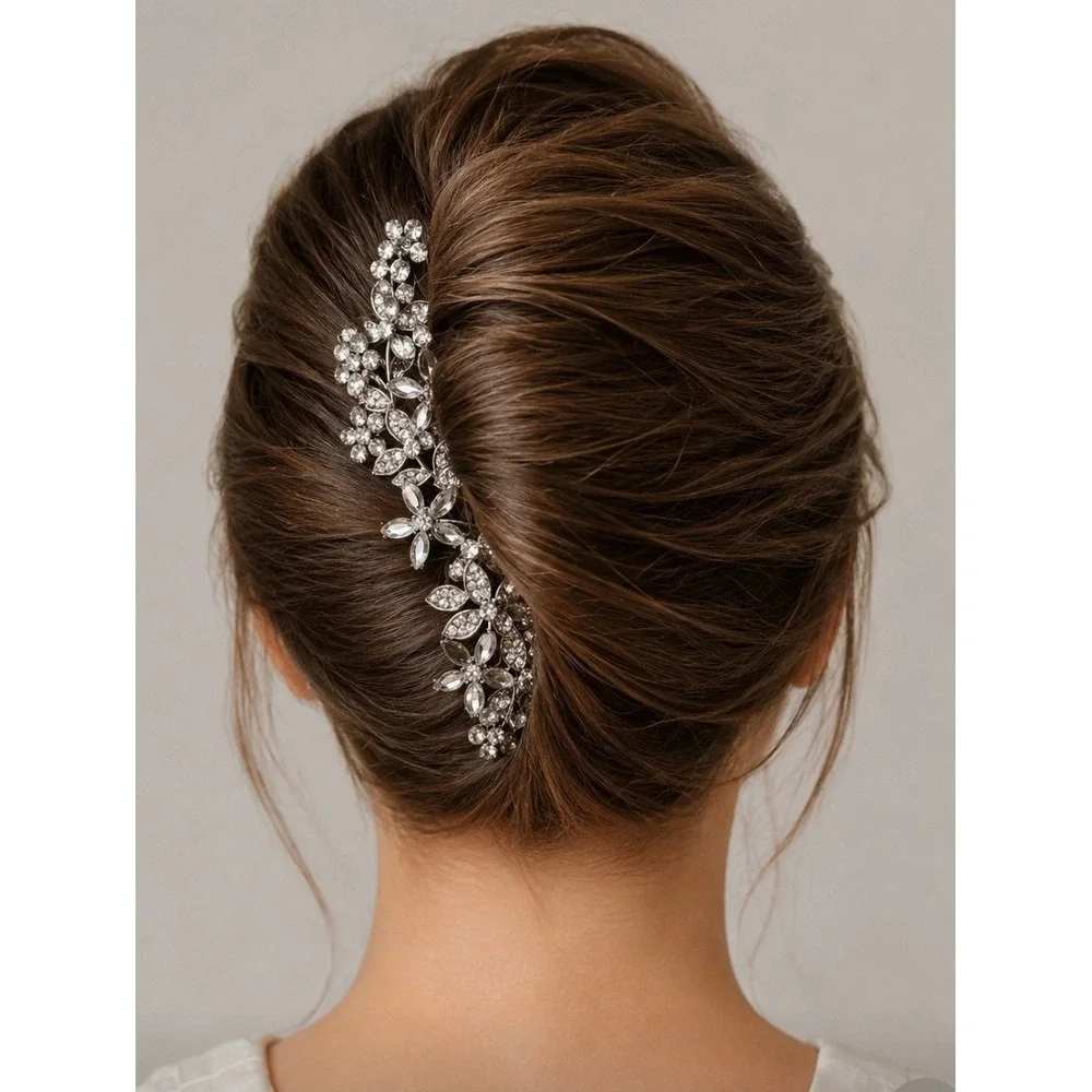 Silver Tone Floral Rhinestone Hair Comb Crystal Bridal Wedding Headpiece